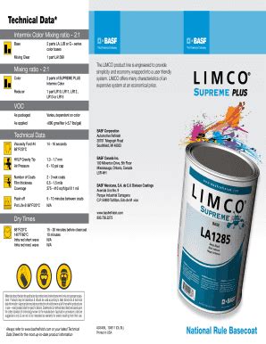 Technical Data National Rule Basecoat Technical Data Intermix Color Mixing ratio - 21 Base 2 parts LA, LIB or G series color bases Mixing Clear 1 part LA1399 Mixing ratio - 21 Color 2 parts of SUPREME PLUS Intermix Color Reducer 1 part LR10, LR11, LR12 , LR13 or LR15 The LIMCO product line is engineered to provide simplicity and economy wrapped into a user friendly system. . Limco basecoat mixing ratio